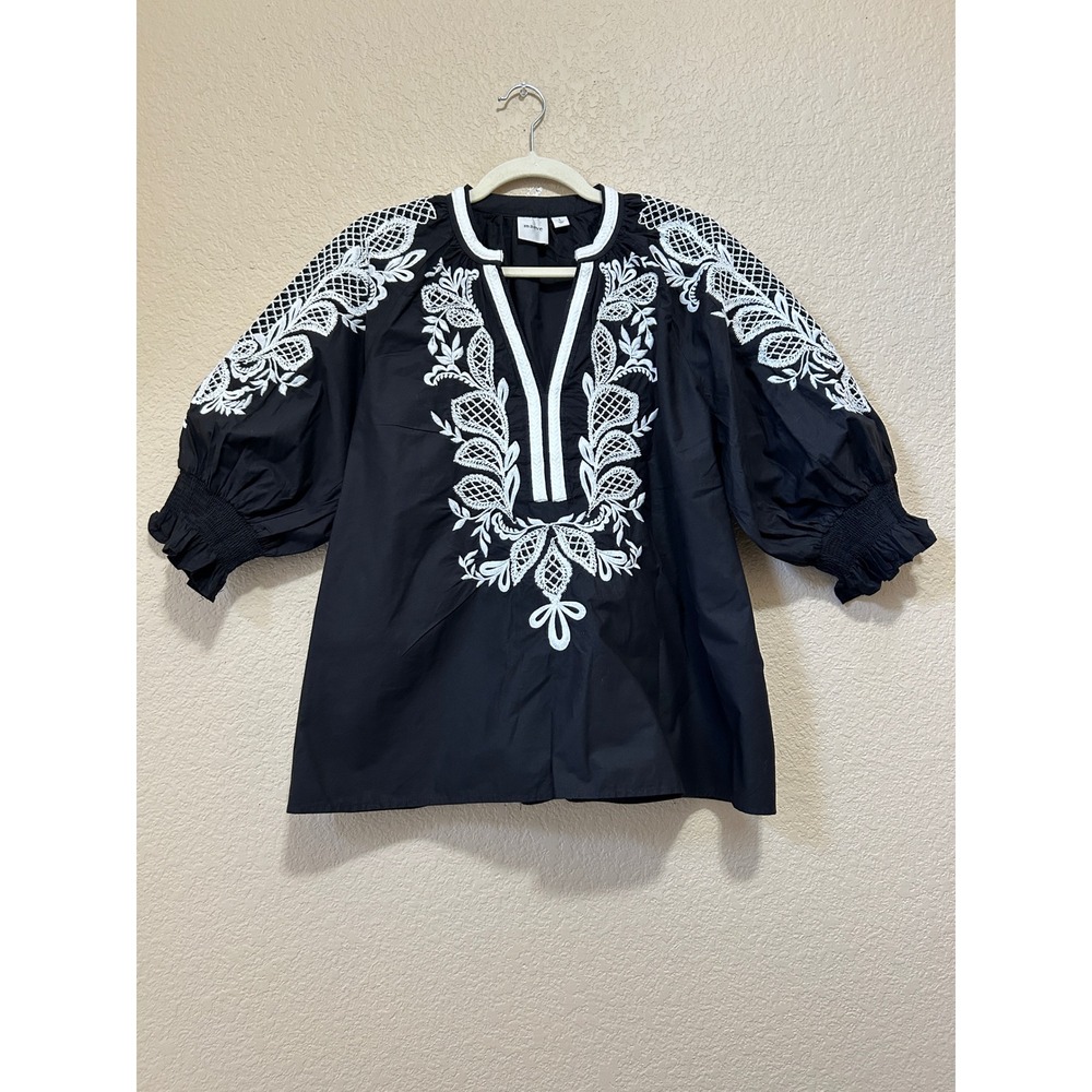 Maeve Large Embroidered Puff Sleeve Blouse Black White Boho Peasant Top Top